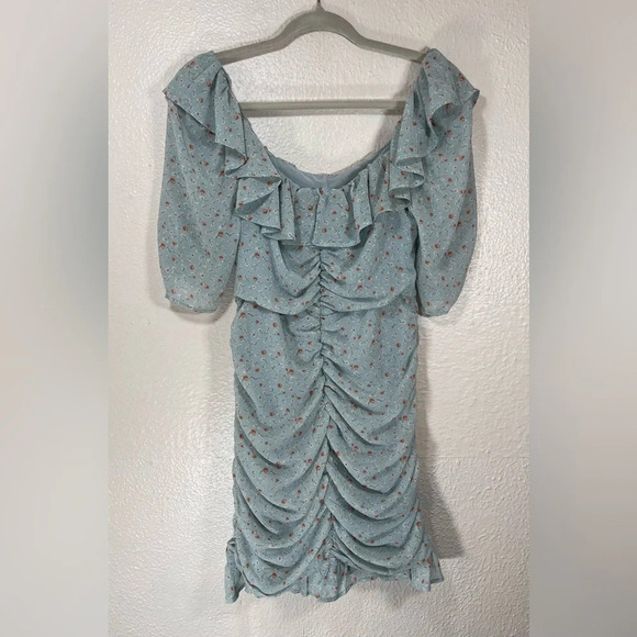 ASTR The Label Dress Short Sleeve Ruffle Neck Ruched Teal Multi Ditsy Women’s M - Picture 1 of 14